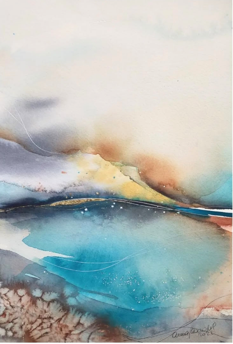 UN NUOVO MODO DI VEDERE - 2022 Abstract watercolor painting featuring blue, gold, and earthy tones.