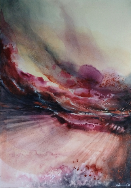 Ovunque Tu Voglia Abstract watercolour landscape with vibrant reds and swirling patterns against a soft background.