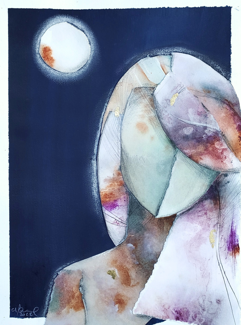 NOTTURNO N°1 - DREAMERS - 2022 Profile of a figure against a dark background, with a glowing moon overhead.