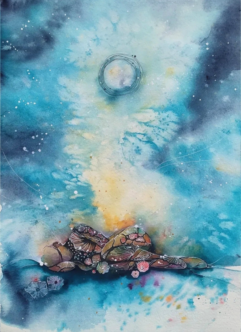 L'ATTESA - 2021 Abstract watercolor of a celestial scene with bright colors and a luminous orb above.